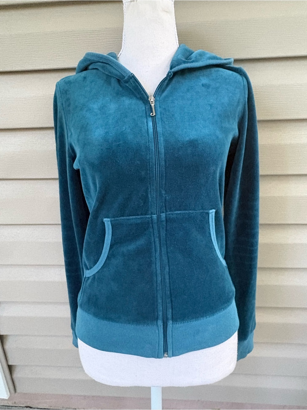 Y2K Juicy Couture Teal Velvet Zip Hoodie with J Zipper Pull (runs small) Med - Picture 3 of 10